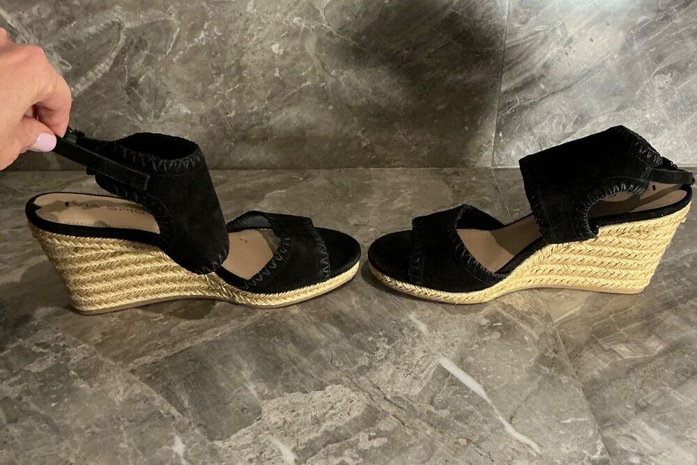 Via Spiga Black Suede Espadrille Wedges Sandals Crochet Trim Women's Size 7M